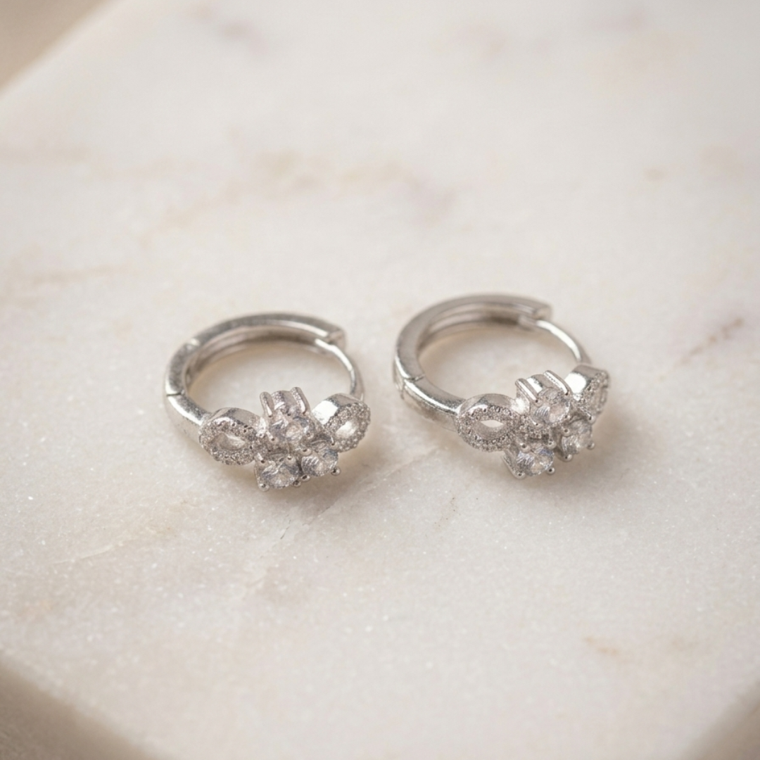 Silver Floral Crystal Hoop Earrings