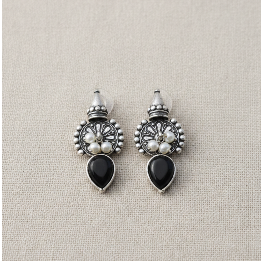 Antique Pearl & Teardrop Black Stone Brass Earrings
