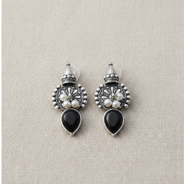 Antique Pearl & Teardrop Black Stone Brass Earrings