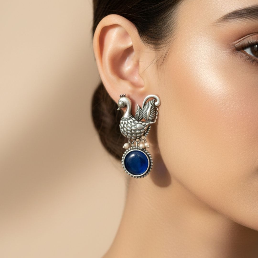 Oxidised Silver Peacock Earrings with Blue Stone Drop