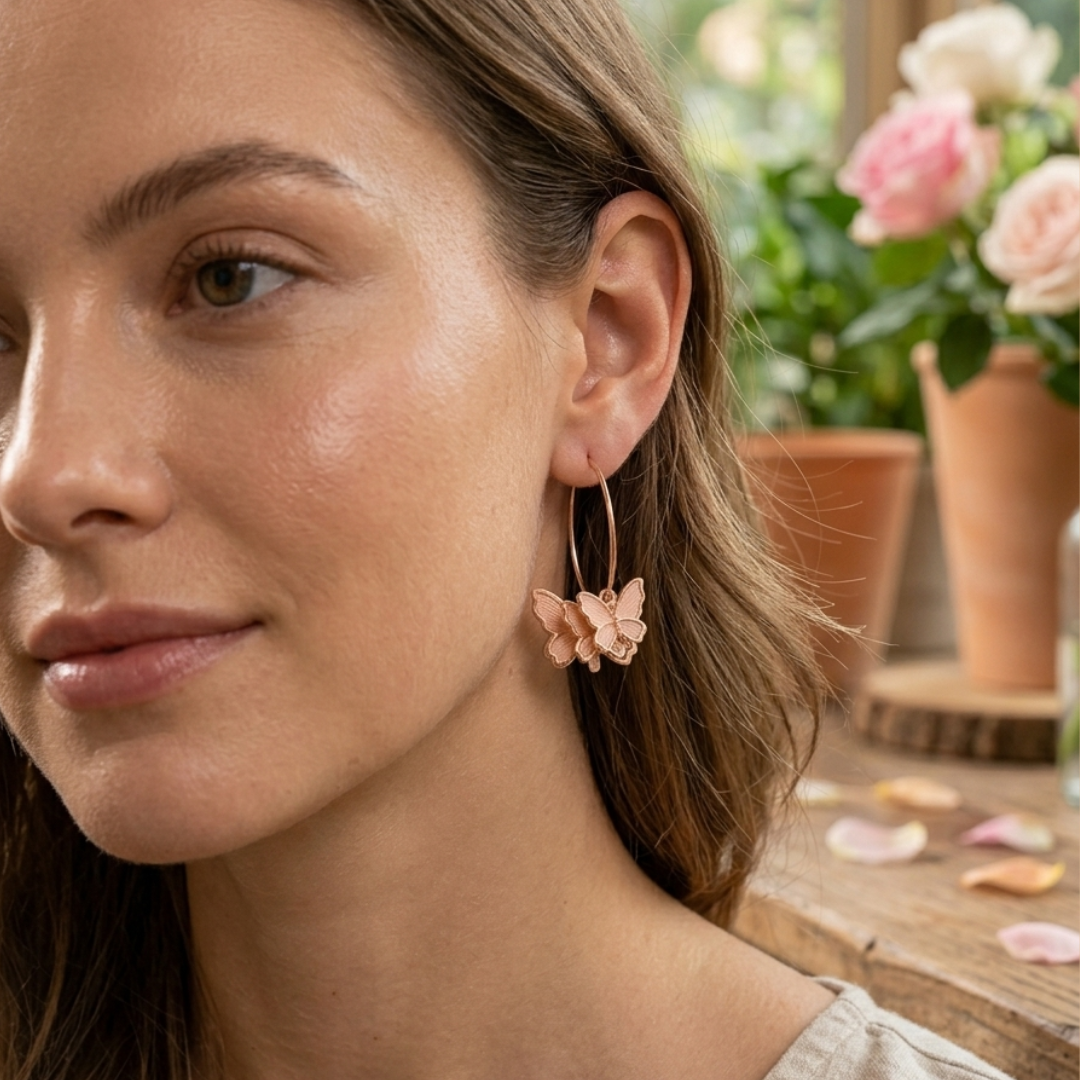 Rose Gold Leaf & Butterfly Hoop Earrings Combo