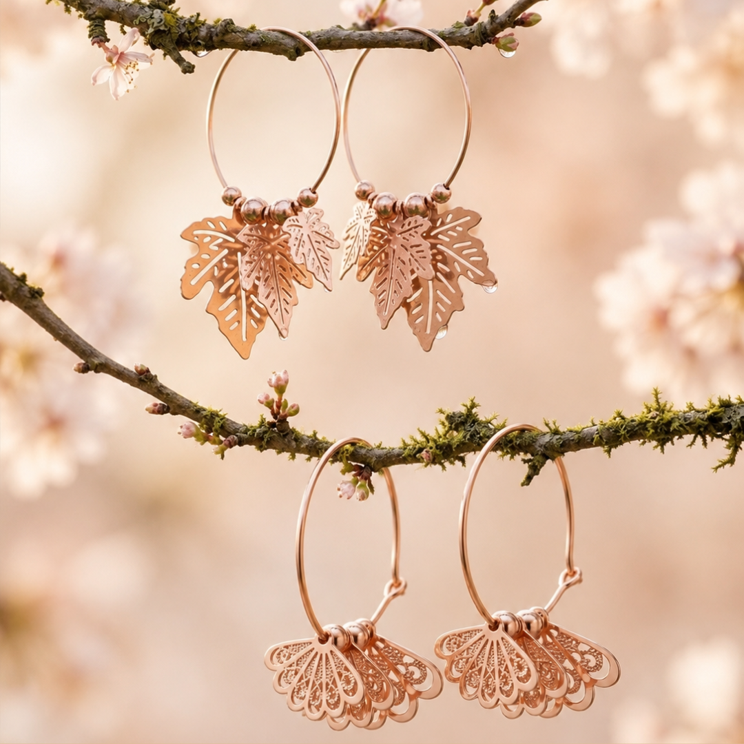Rose Gold Leaf & Fan Charm Hoop Earrings Combo