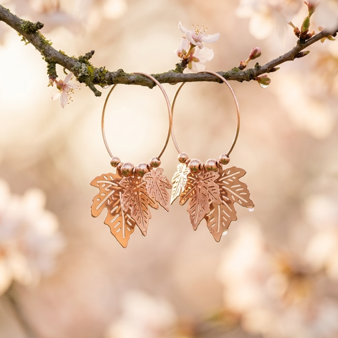 Rose Gold Leaf & Fan Charm Hoop Earrings Combo