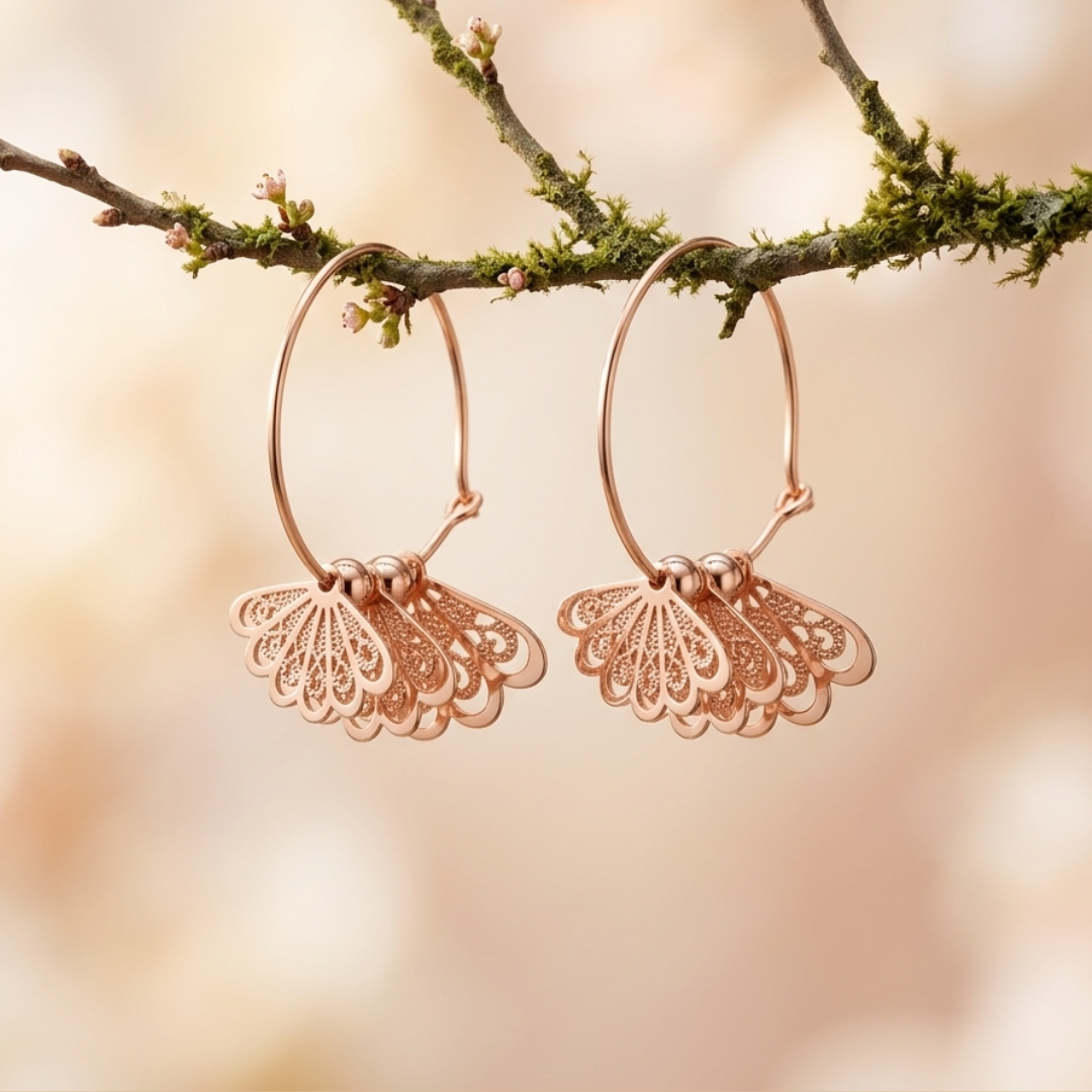 Rose Gold Leaf & Fan Charm Hoop Earrings Combo