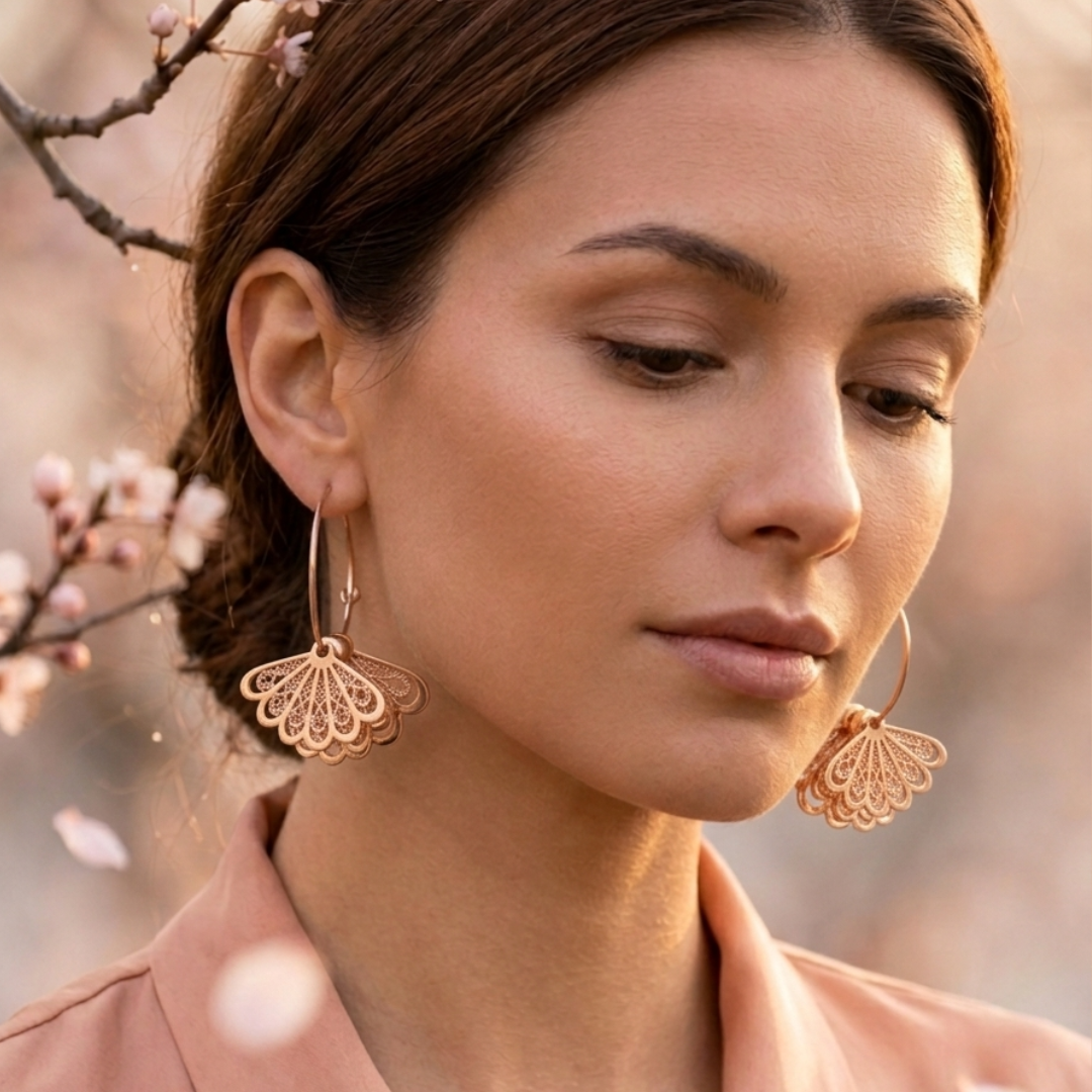 Rose Gold Leaf & Fan Charm Hoop Earrings Combo