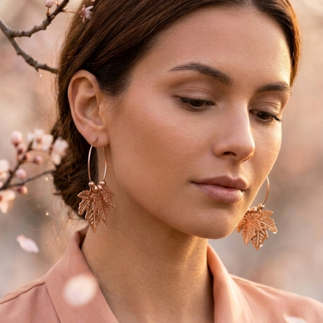 Rose Gold Leaf & Fan Charm Hoop Earrings Combo
