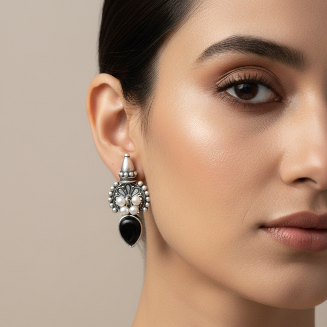 Antique Pearl & Teardrop Black Stone Brass Earrings
