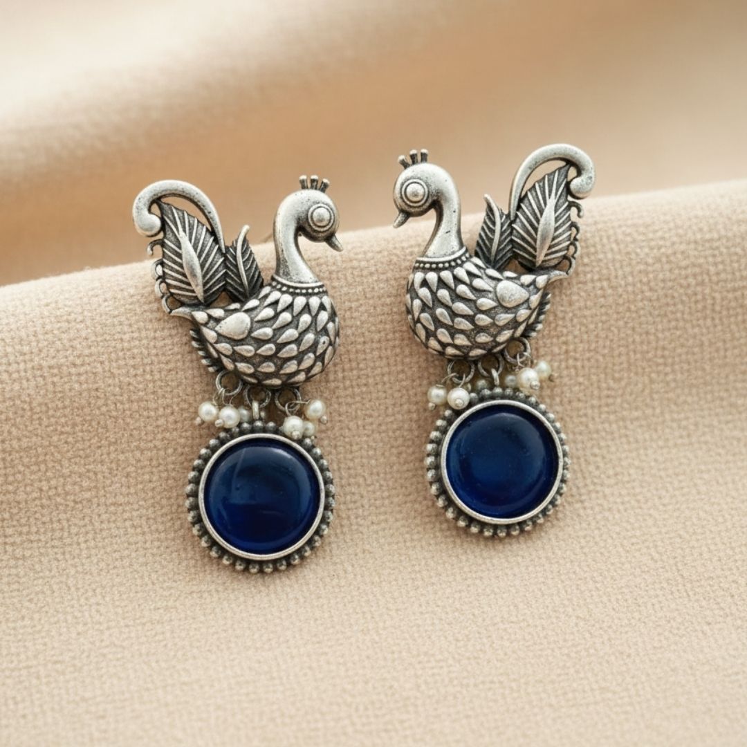 Oxidised Silver Peacock Earrings with Blue Stone Drop