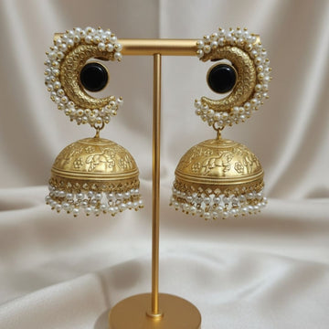 Black Stone Brass Antique Jhumka with Pearl Layer & Horse Engraving