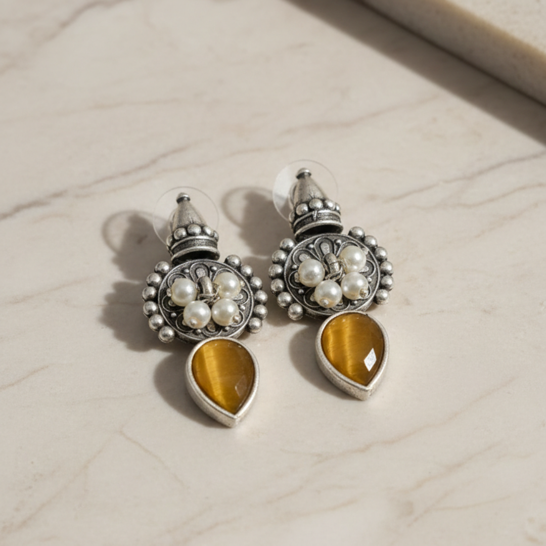 Antique Pearl & Teardrop Yellow Stone Brass Earrings