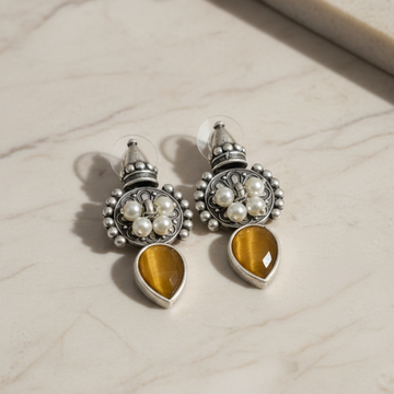 Antique Pearl & Teardrop Yellow Stone Brass Earrings