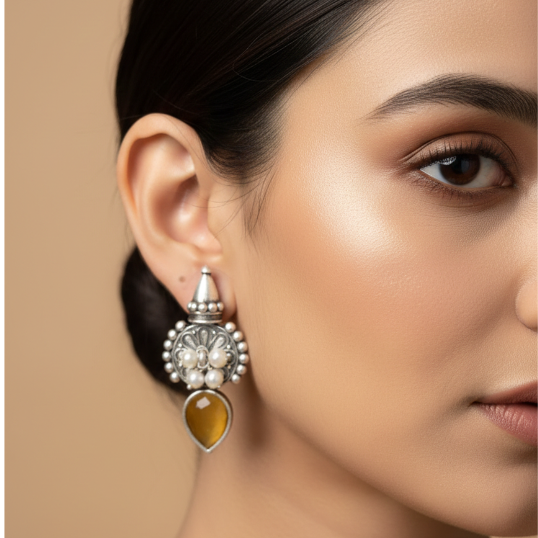 Antique Pearl & Teardrop Yellow Stone Brass Earrings
