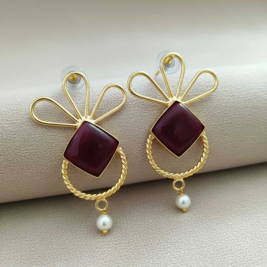 Maroon - Monalisa Stone Bow Earrings  with Pearl Drop