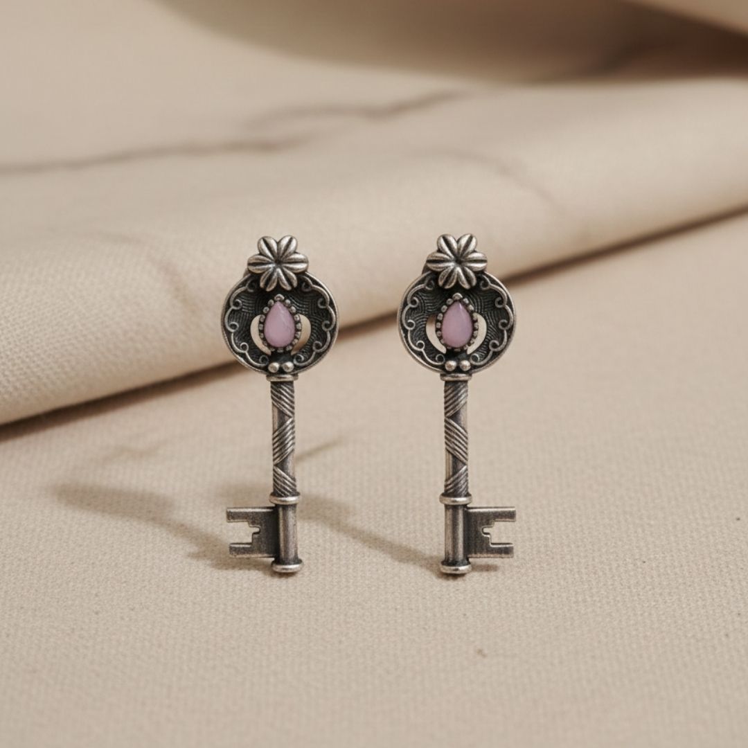 Baby Pink Vintage Silver Key Earrings