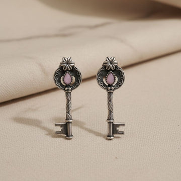 Baby Pink Vintage Silver Key Earrings