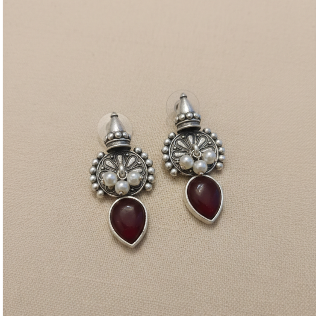 Antique Pearl & Teardrop Maroon Stone Brass Earrings