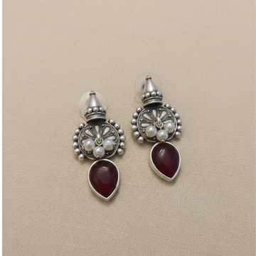Antique Pearl & Teardrop Maroon Stone Brass Earrings