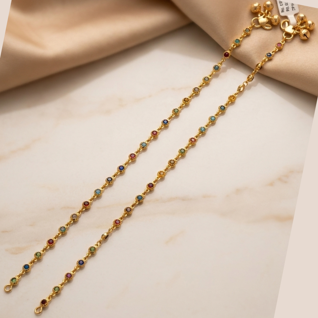 Micropolished Gold Plated Multicolor Stone Anklet