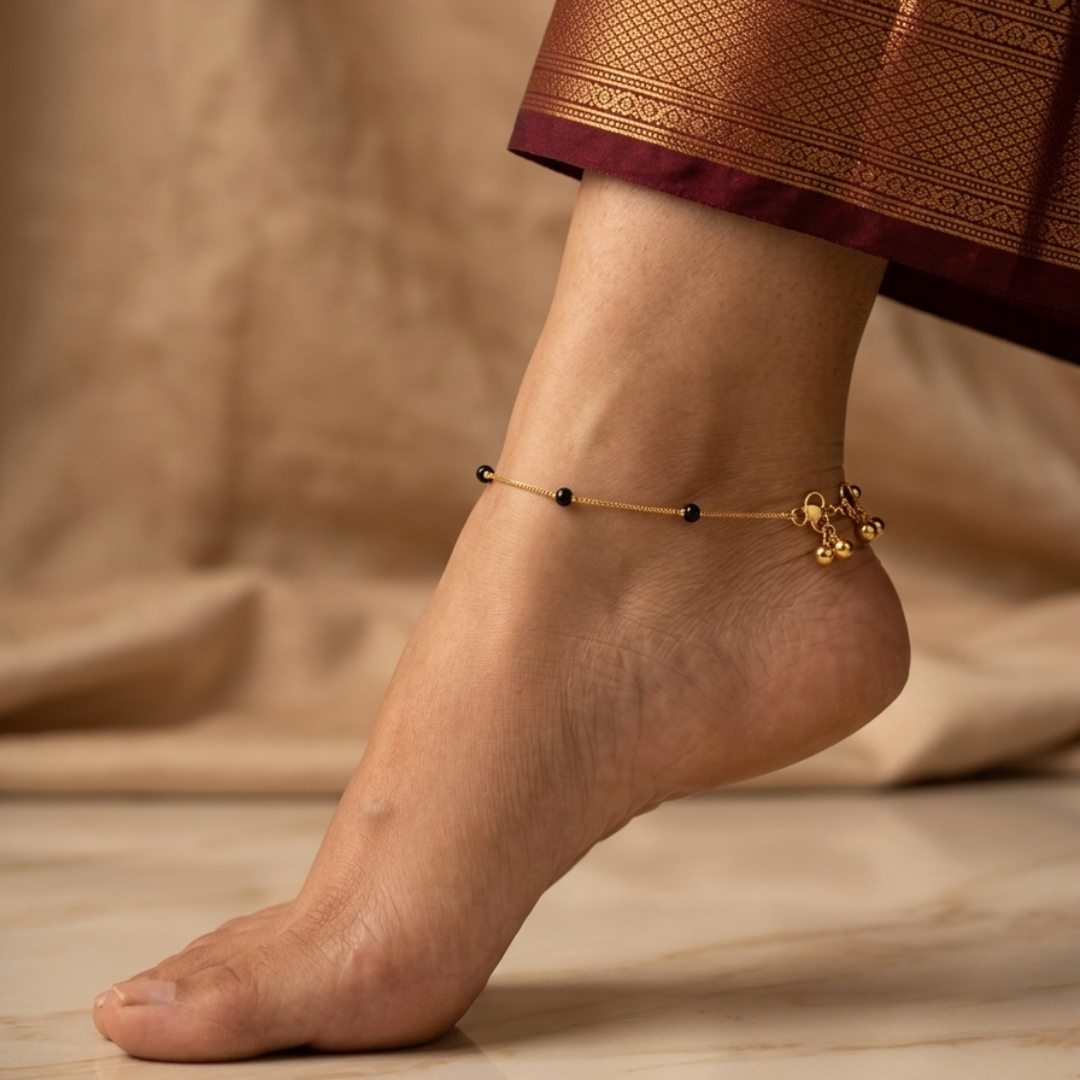 Micropolished Gold Plated Black Bead Anklet