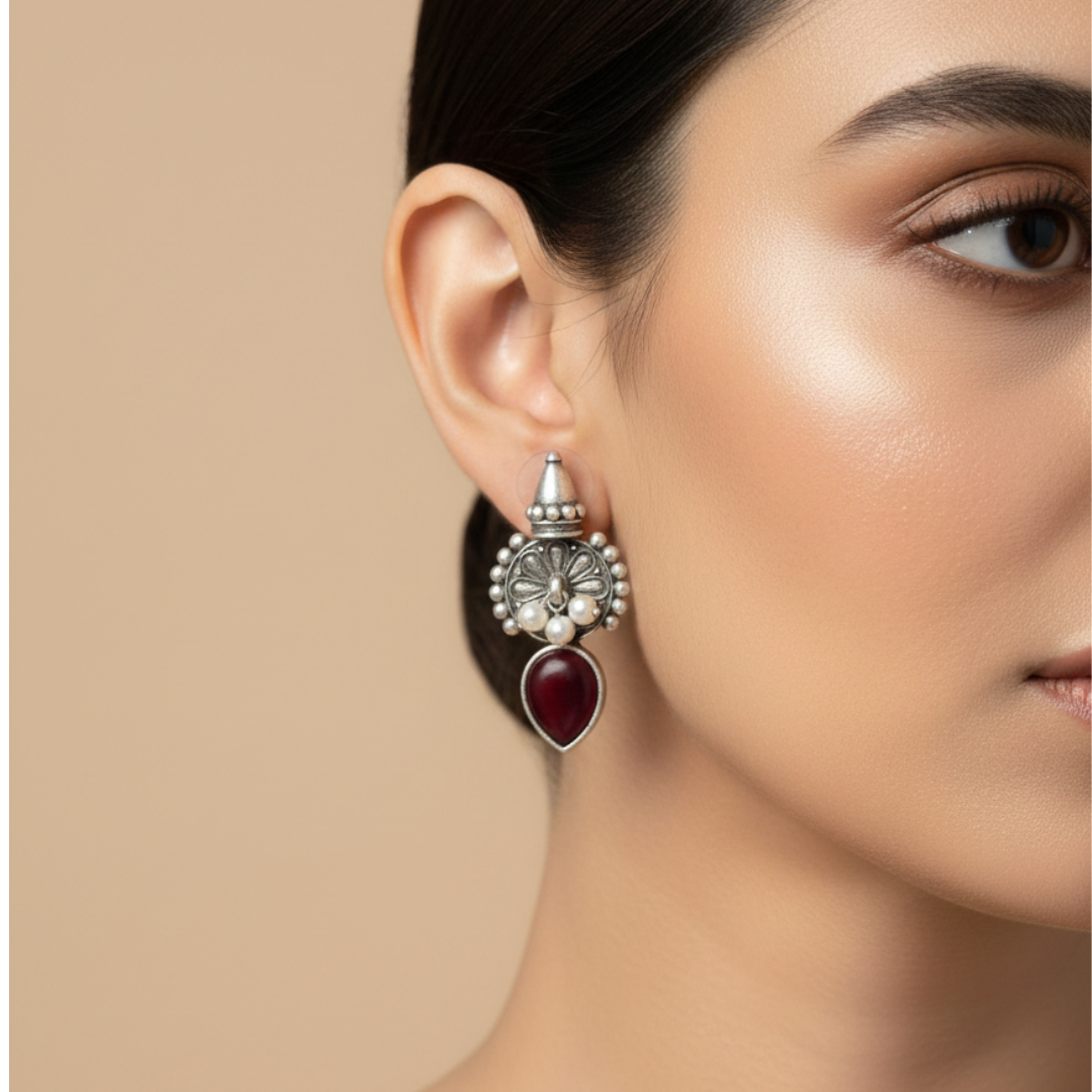 Antique Pearl & Teardrop Maroon Stone Brass Earrings