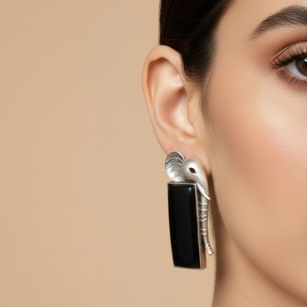 Oxidised Silver Elephant Earrings with Black Stone
