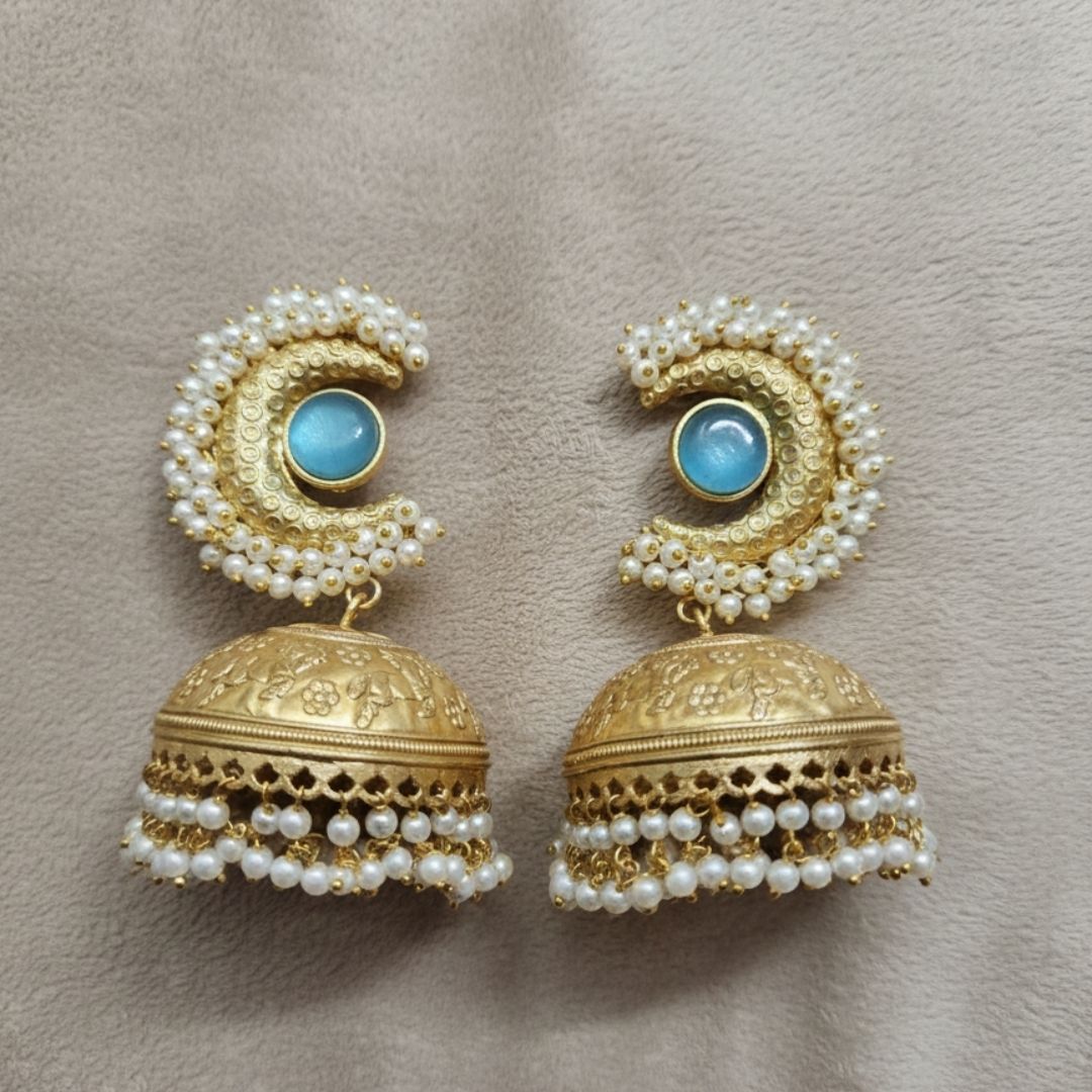 Blue Stone Brass Antique Jhumka with Pearl Layer & Horse Engraving