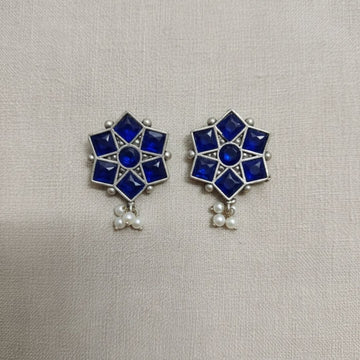 Brass Blue Floral Stud Earrings