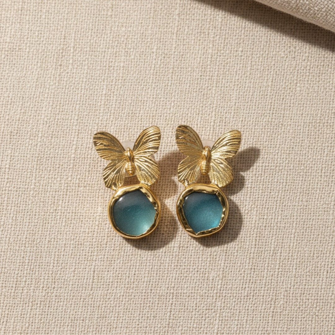 Butterfly Natural Stone Gold-Brass Earrings