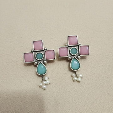 Oxidised Silver Pastel Pink & Mint Earrings