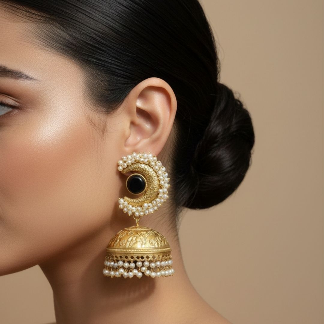 Black Stone Brass Antique Jhumka with Pearl Layer & Horse Engraving