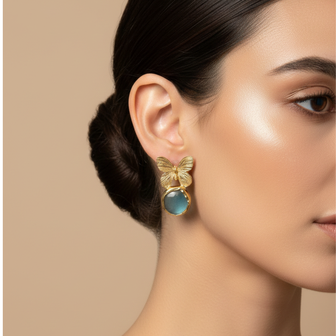 Butterfly Natural Stone Gold-Brass Earrings
