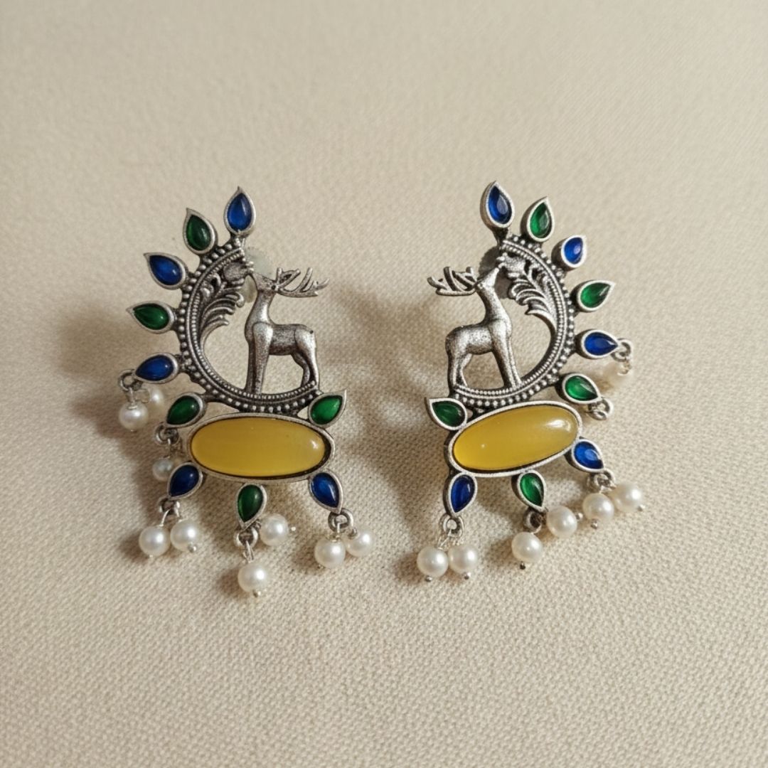 Oxidised Silver Deer Earrings with Yellow Stones & Pearl Drops