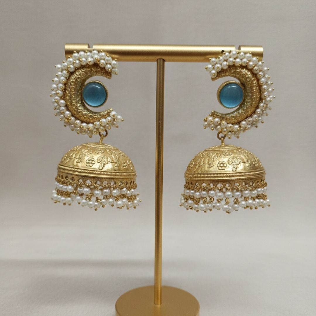 Blue Stone Brass Antique Jhumka with Pearl Layer & Horse Engraving