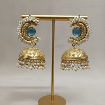 Blue Stone Brass Antique Jhumka with Pearl Layer & Horse Engraving