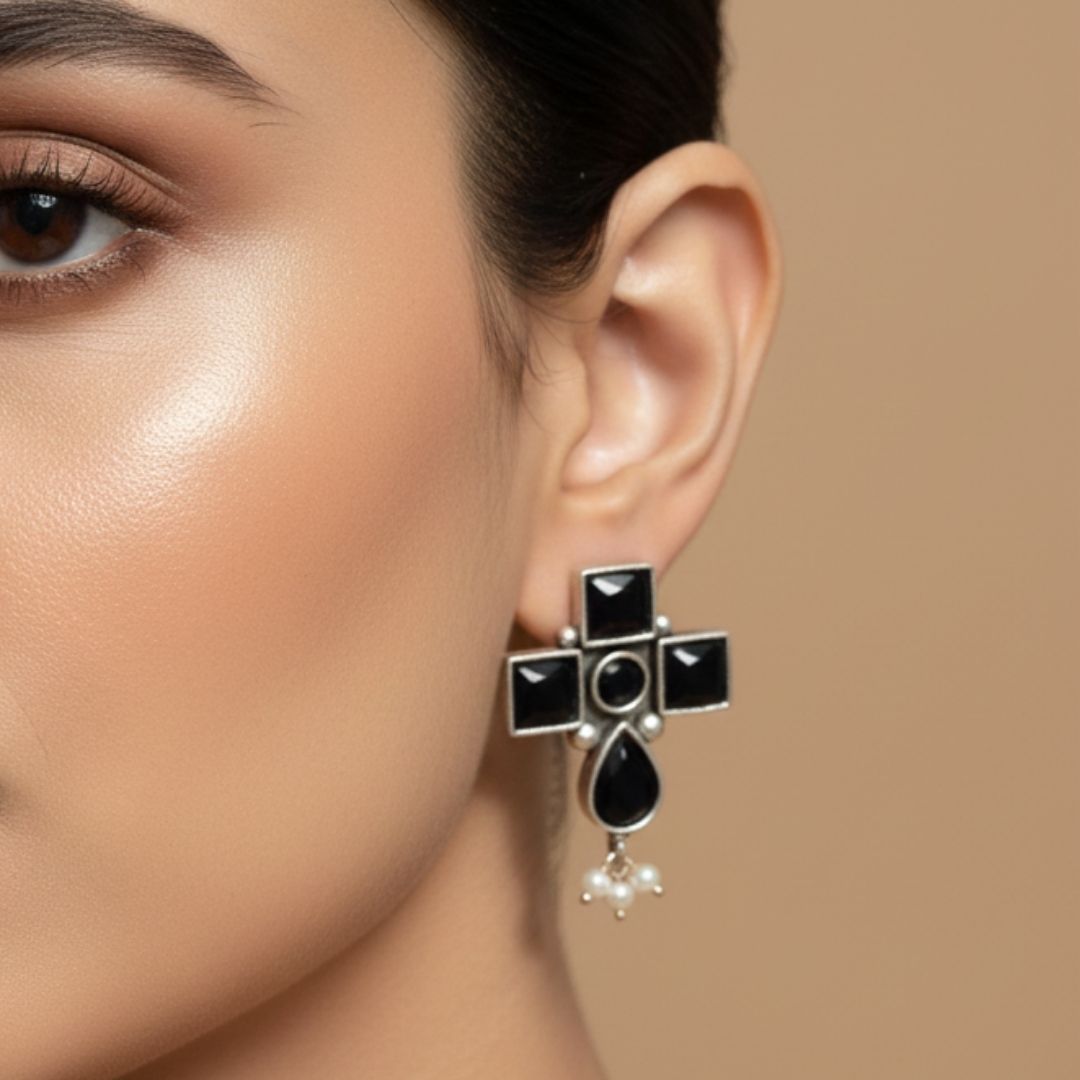 Oxidised Silver Black Stone Earrings | Antique Finish