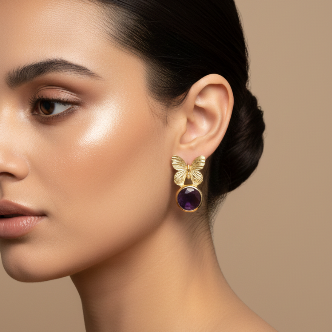 Butterfly Natural Stone Gold-Brass Earrings