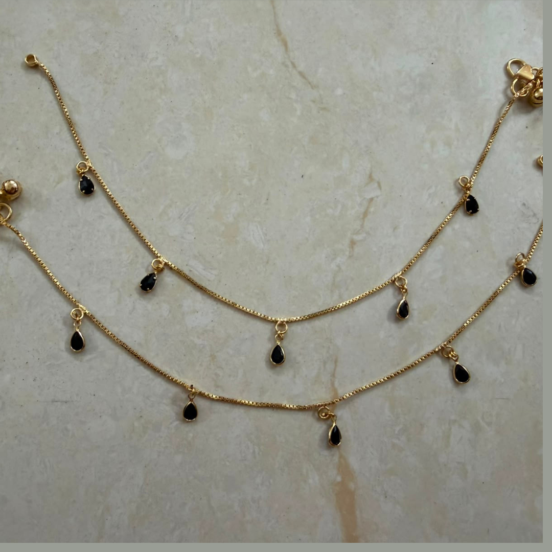 Micropolished Gold Plated Black Charm Anklet