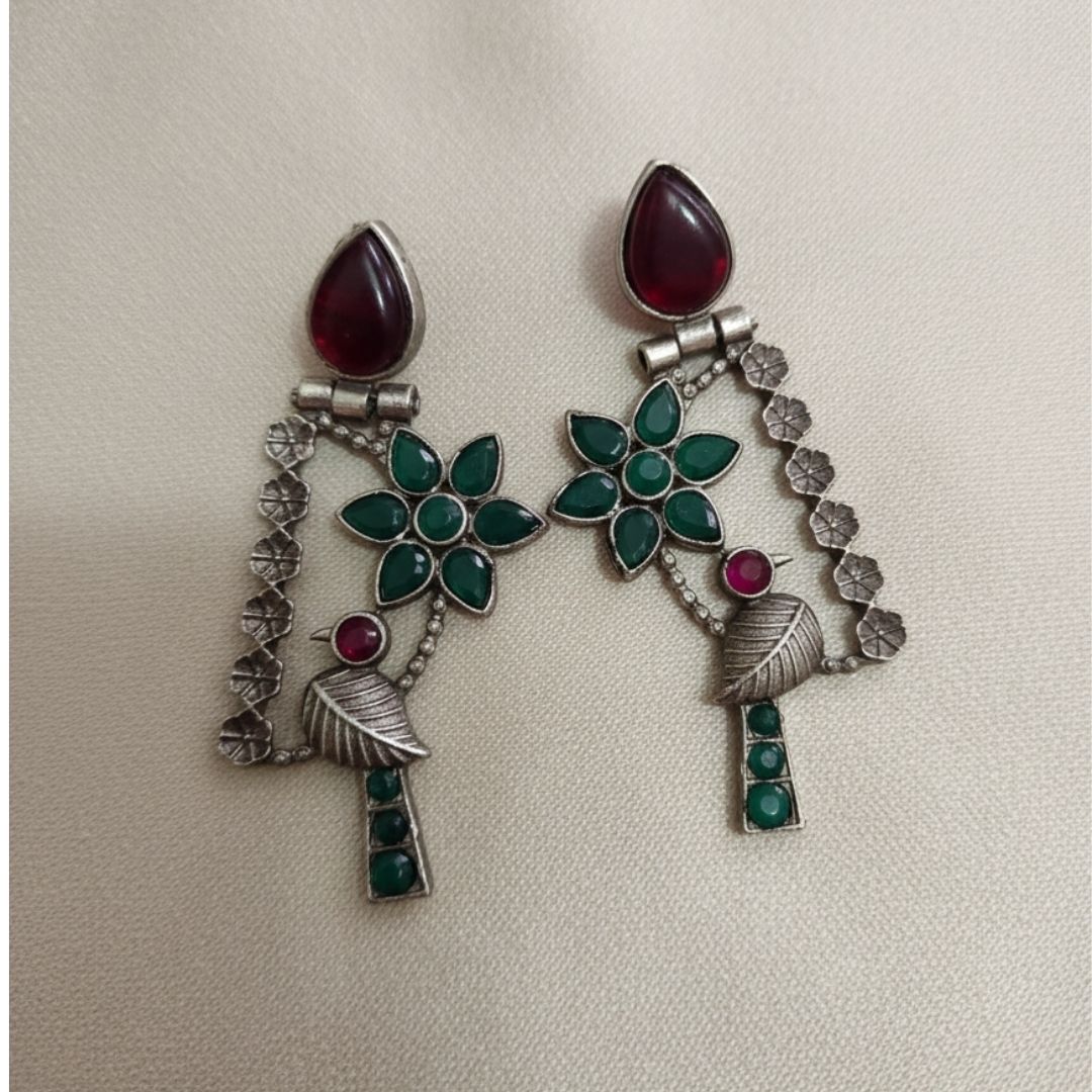 Oxidised Silver Floral Bird Earrings