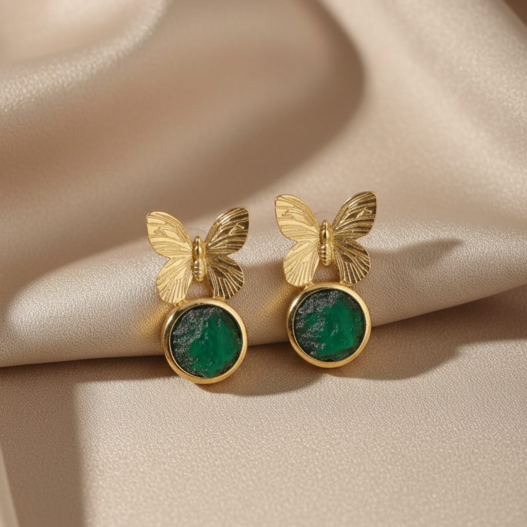 Butterfly Natural Stone Gold-Brass Earrings