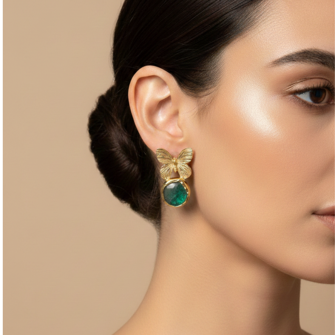 Butterfly Natural Stone Gold-Brass Earrings