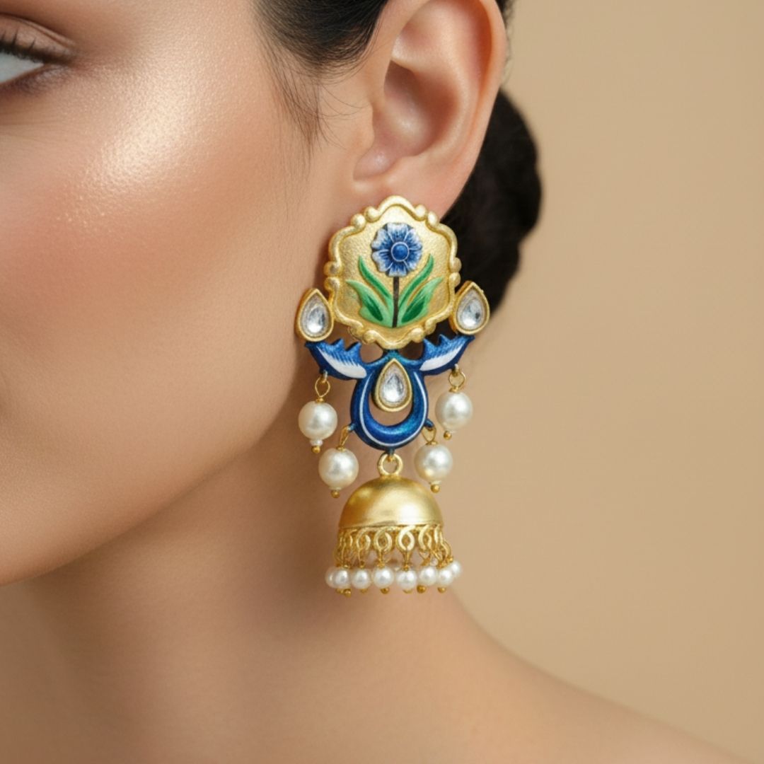 Blue & Green Hand-Painted Floral Kundan Jhumki Earrings