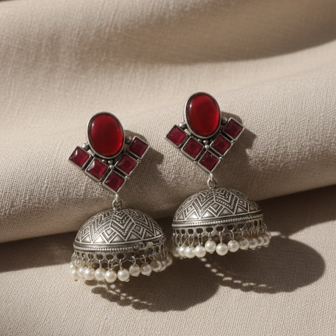 Antique  Stone Jhumka Brass Earrings