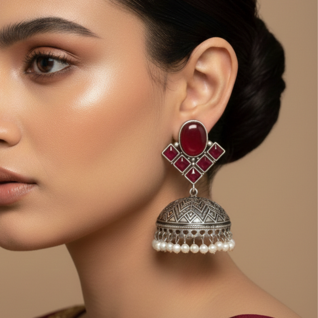 Antique  Stone Jhumka Brass Earrings
