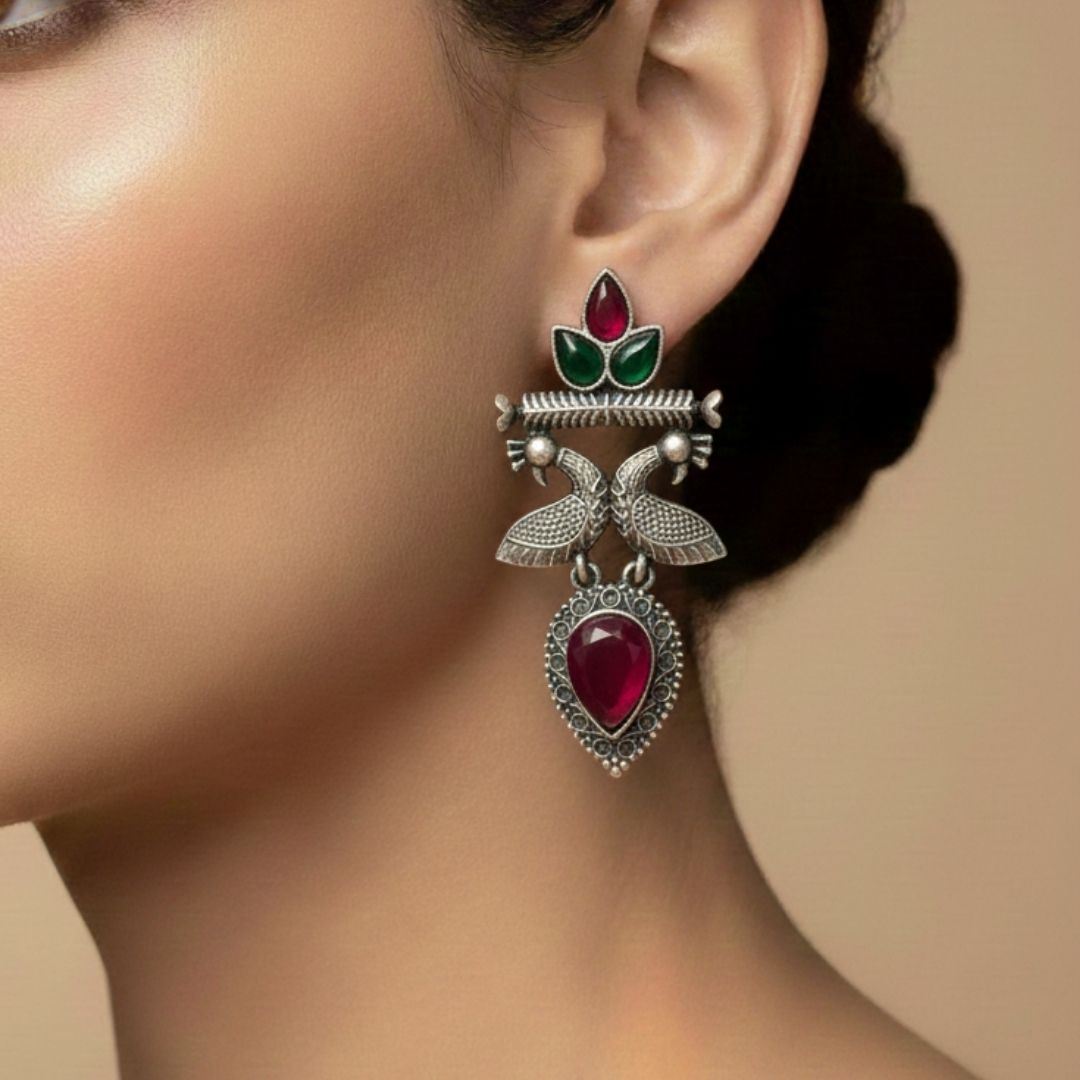 Oxidised Silver Bird Earrings with Red & Green Stones