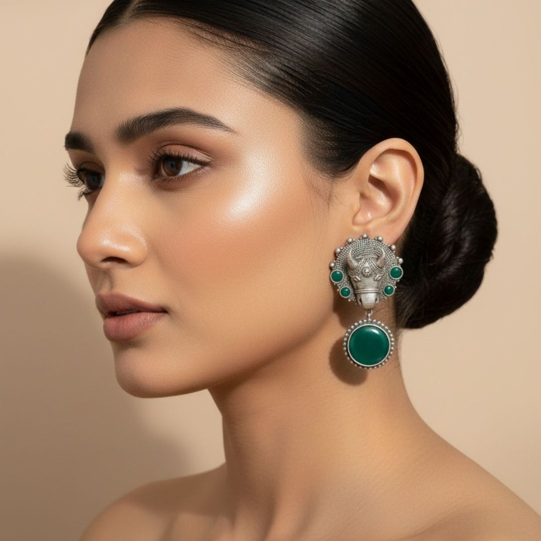 Oxidised Silver Cow Head Earrings with Green Stones