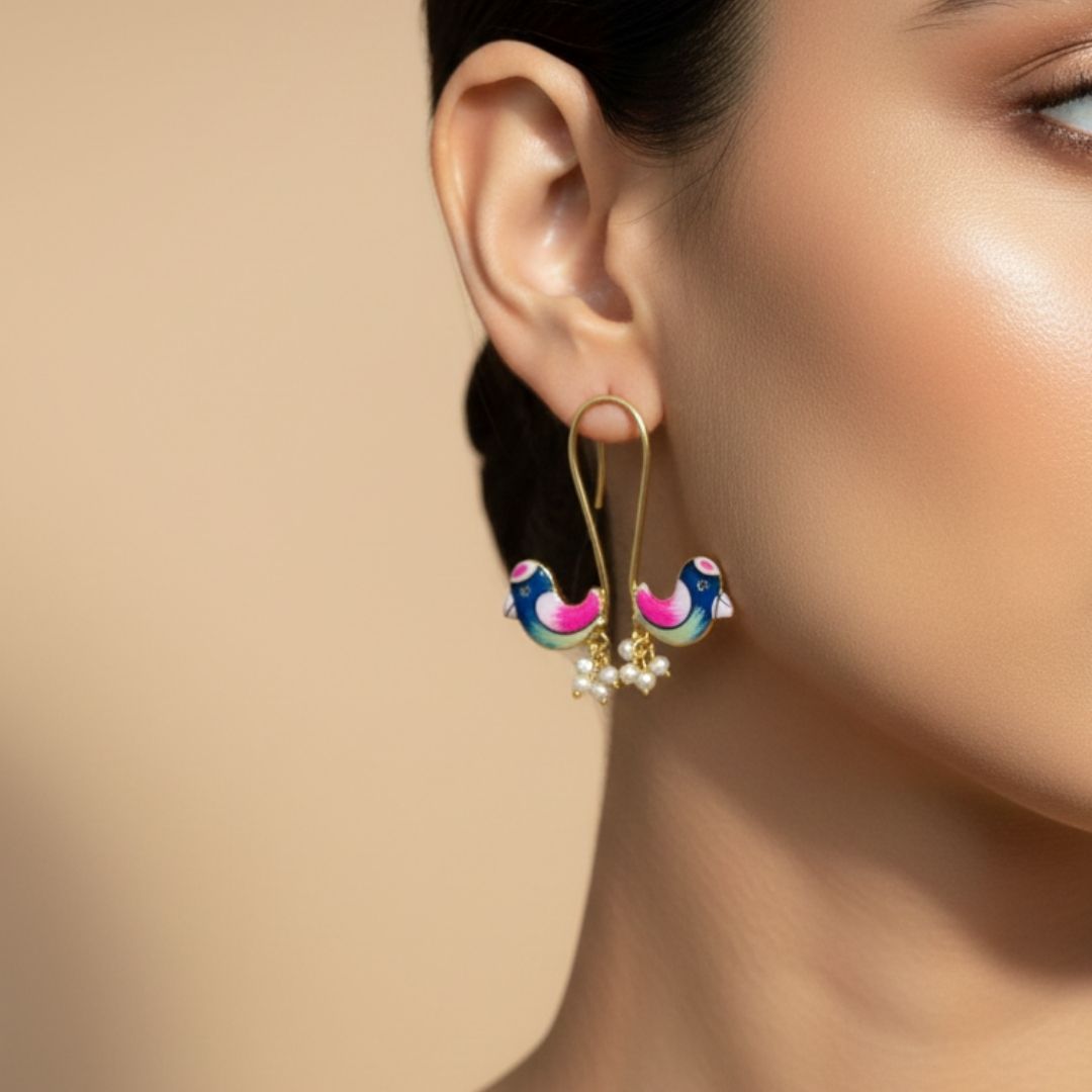 Blue & pink-Hand-Painted Bird Drop Earrings