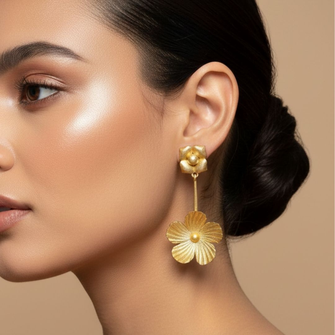 BloomWave Matte Gold Floral Drop Earrings