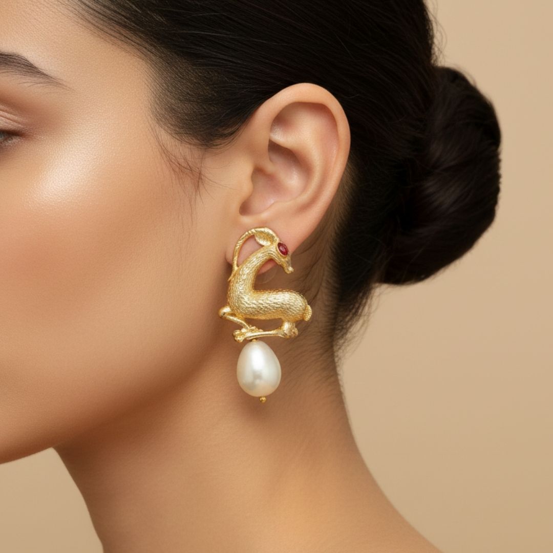 Deer Pearl Earrings | Gold Shine Brass Earrings