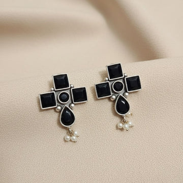 Oxidised Silver Black Stone Earrings | Antique Finish