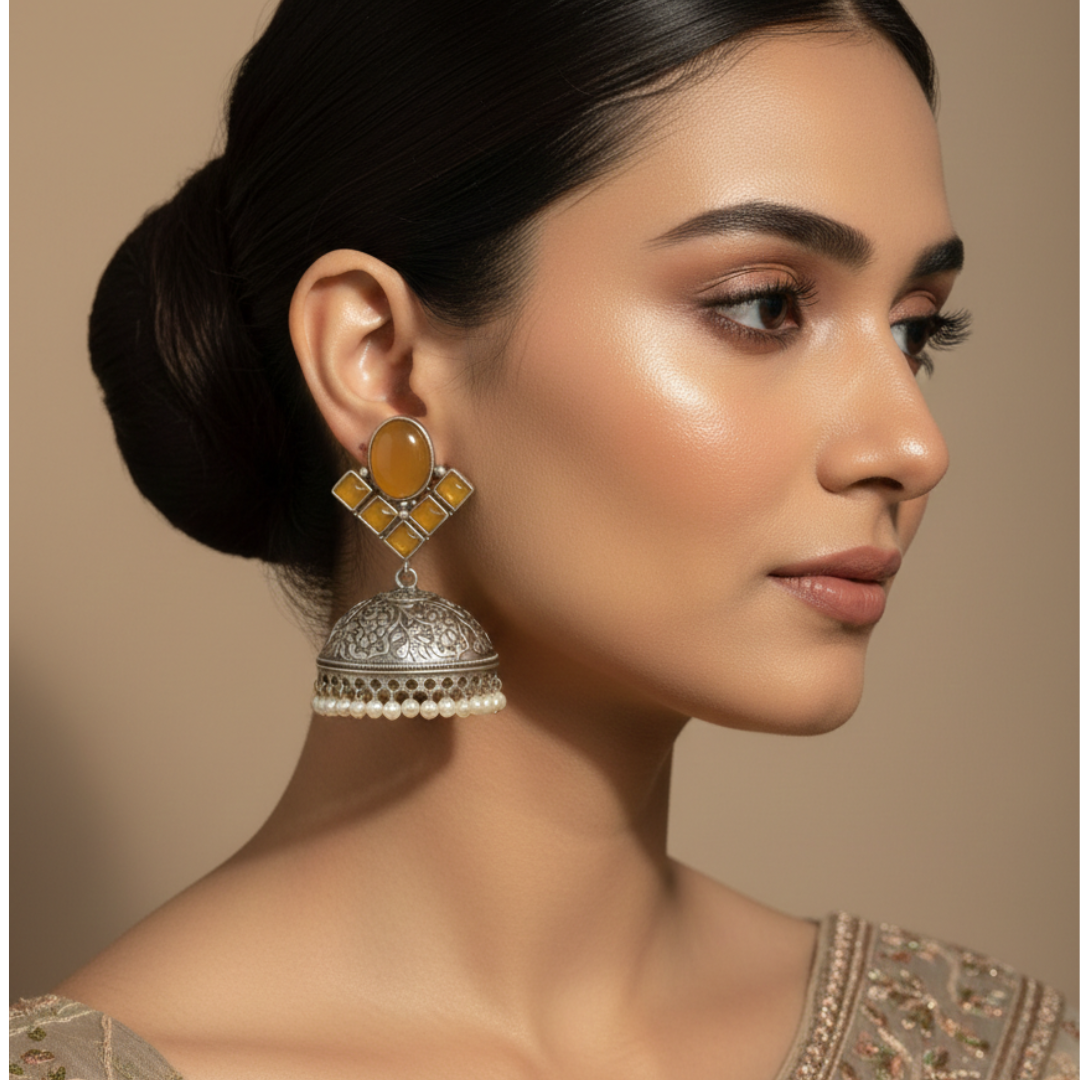 Antique  Stone Jhumka Brass Earrings